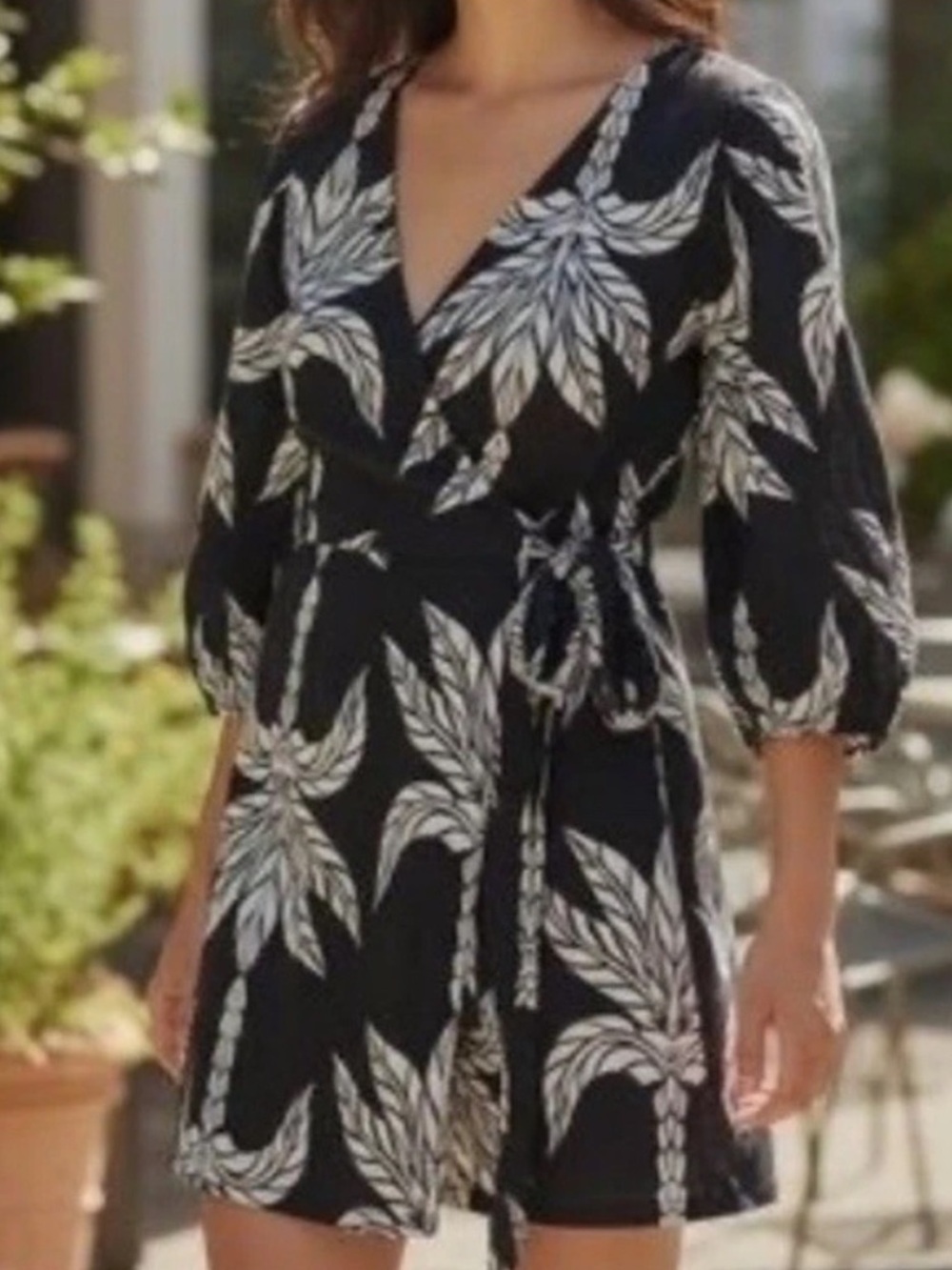 H&M Linen Blend Palm Wrap Mini Dress Small Black White Tropical Puff 3/4 Sleeve